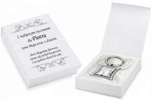 Brelok Święty Krzysztof – laminowany srebrem, próba 925, w pudełeczku z nadrukiem UV