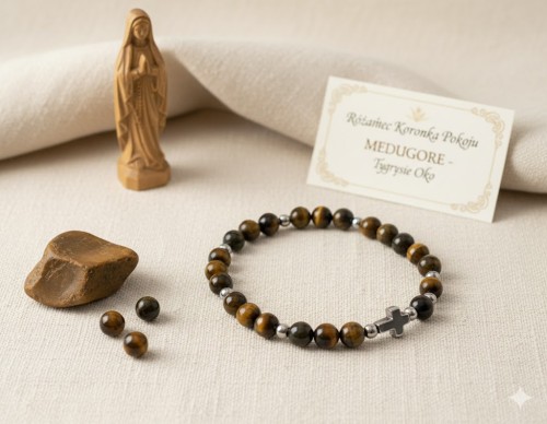 Różaniec Koronka Pokoju MEDUGORJE - bransoletka z kamieni naturalnych TYGRYSIE OKO