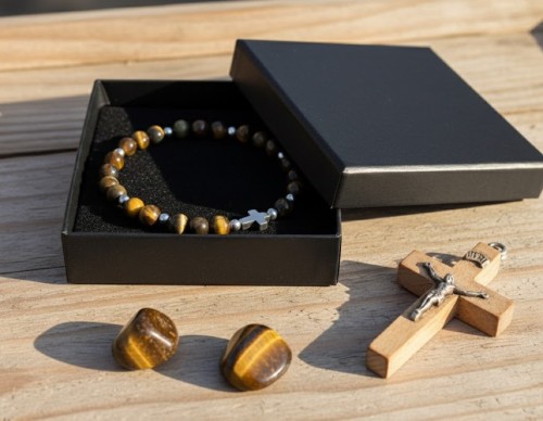 Różaniec Koronka Pokoju MEDUGORJE - bransoletka z kamieni naturalnych TYGRYSIE OKO w czarnym pudełku