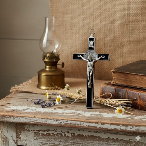 Krzyż Benedyktyński 12cm w aranżacji rustykalnej