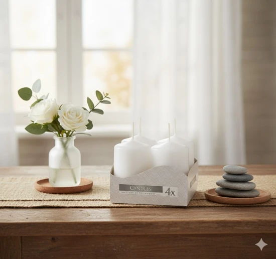 Świeca walec biała – 4 sztuki w zestawie, wys. 6 cm