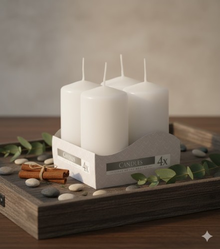 Świeca walec biała – 4 sztuki w zestawie, wys. 8 cm