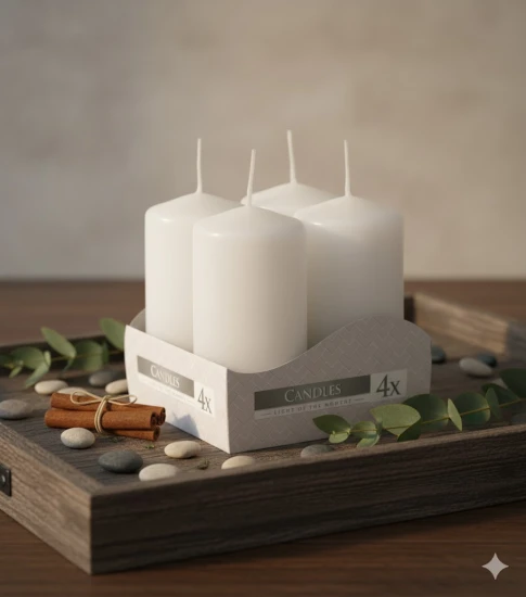 Świeca walec biała – 4 sztuki w zestawie, wys. 8 cm
