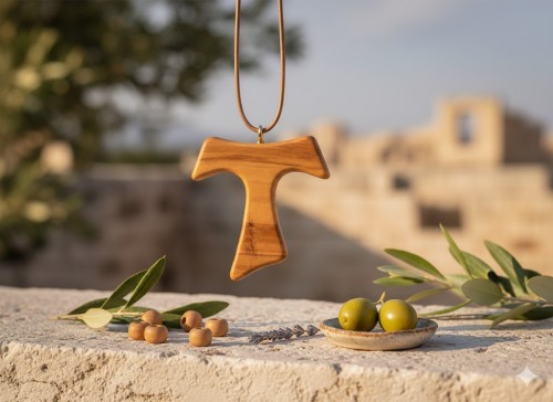 Krzyżyk Tau z drzewa oliwnego – z rzemykiem gratis