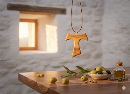 Krzyżyk Tau z drzewa oliwnego – z rzemykiem gratis