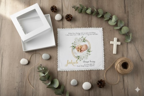 Szatka na Chrzest ZE ZDJĘCIEM - pudełko z okienkiem