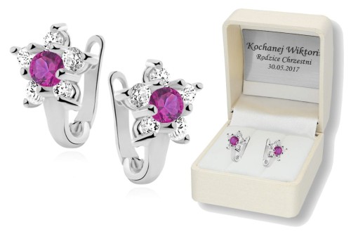 Srebrne kolczyki pr.925 w pudełku z grawerem RUBINOWA CYRKONIA