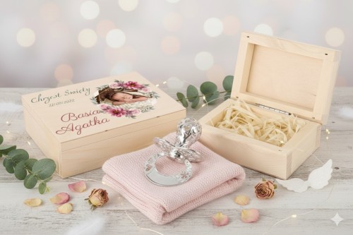 SREBRNY smoczek w drewnianym pudełeczku - pamiątka & prezent