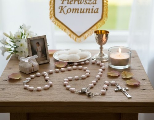 Różaniec komunijny różowe serduszka IHS, Komunia