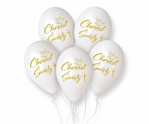 Zestaw białych balonów z gołąbkiem i napisem „Chrzest Święty”