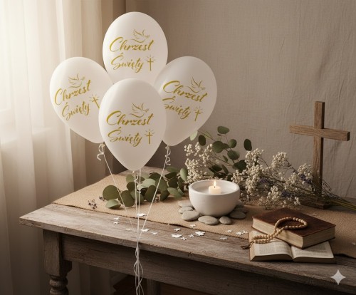 Zestaw białych balonów z gołąbkiem i napisem „Chrzest Święty”