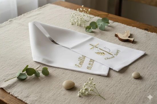 Szal z haftem KRZYŻ ELEGANCKI - szatka do chrztu w formie szal