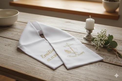 Szal z haftem KRZYŻ ELEGANCKI - szatka do chrztu w formie szal