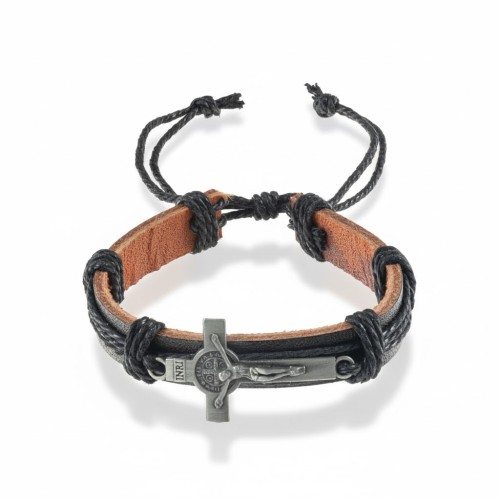 Stylowa bransoletka z naturalnej skóry z krzyżykiem św. Benedykta