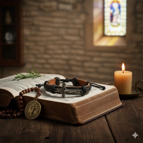 Stylowa bransoletka z naturalnej skóry z krzyżykiem św. Benedykta