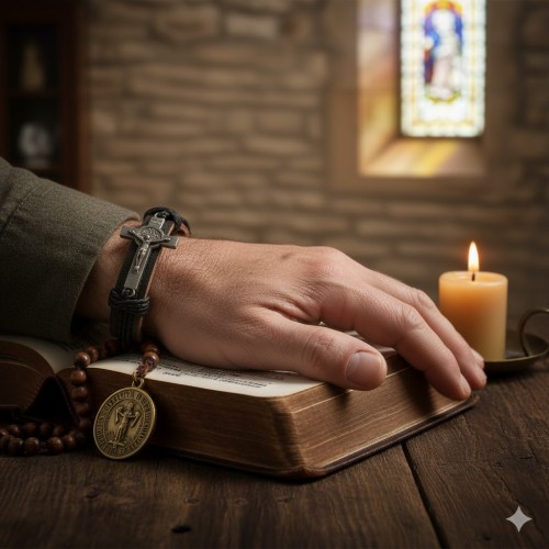 Stylowa bransoletka z naturalnej skóry z krzyżykiem św. Benedykta