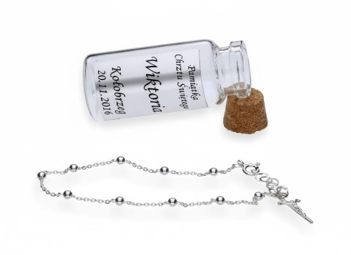 Różaniec srebrny w szklanej buteleczce z grawerem!