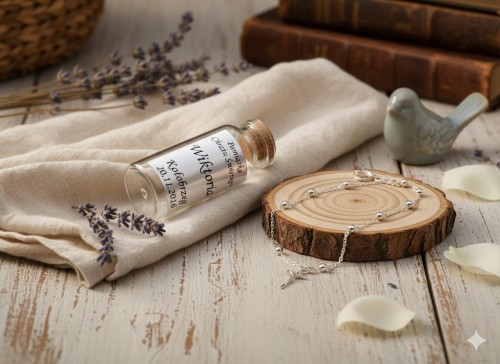 Różaniec srebrny w szklanej buteleczce z grawerem!