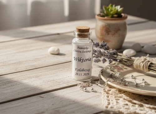 Różaniec srebrny w szklanej buteleczce z grawerem!