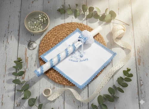 Zestaw na Chrzest z kryształkiem Swarovski – koronka błękit