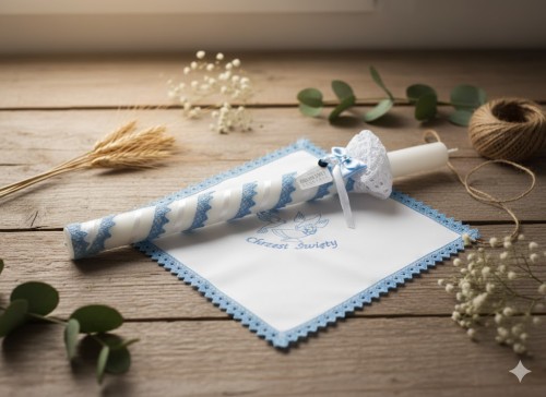 Zestaw na Chrzest z kryształkiem Swarovski – koronka błękit