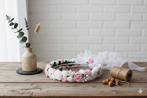 Duża kokarda z organzy podkreśla uroczysty charakter ozdoby.