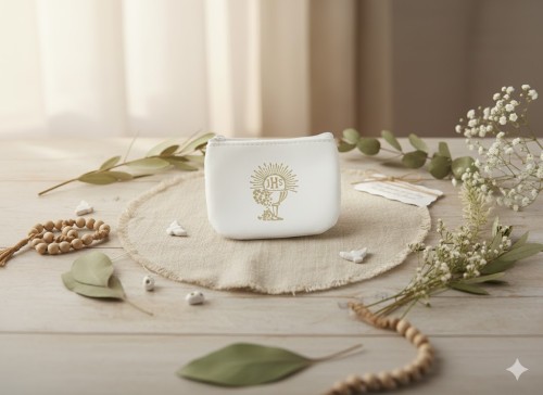 Etui na różaniec - EKO skórka, białe, IHS na zamek