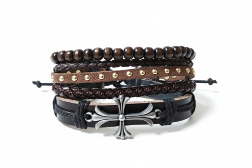 Zestaw Męskich Bransoletek z Krzyżem – Styl Rustykalny