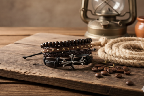 Zestaw Męskich Bransoletek z Krzyżem – Styl Rustykalny