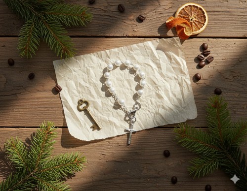 Różaniec dziecięcy z perełkami - biały w aranżacji rustykalnej