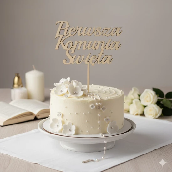Topper dekoracyjny „Komunia Święta” – dekoracja drewniana