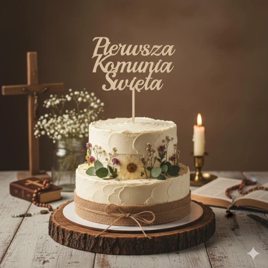 Topper dekoracyjny „Komunia Święta” – dekoracja drewniana