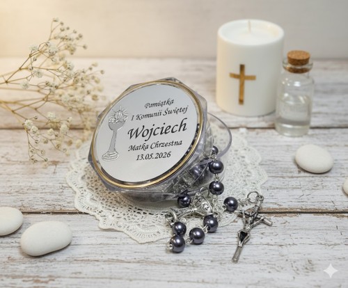 Zestaw prezentowy: Pudełko z różańcem IHS – personalizowany,