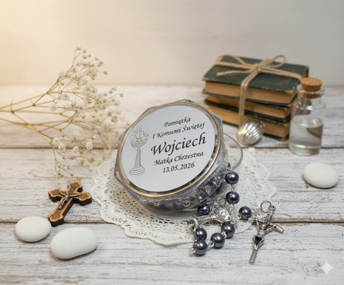 Zestaw prezentowy: Pudełko z różańcem IHS – personalizowany,