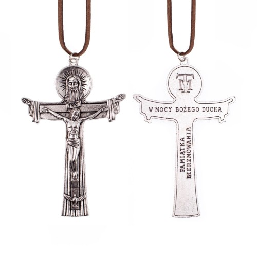 Krzyż „Trójca Święta” – Pamiątka Bierzmowania z rzemieniem (11 cm)