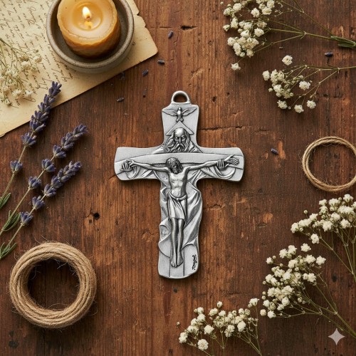 Krzyż „Trójca Święta” – Pamiątka Bierzmowania 8,5 cm, srebrny oksydowany