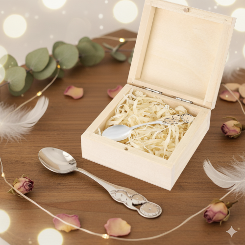 SREBRNA łyżeczka w drewnianym pudełeczku - pamiątka & prezent