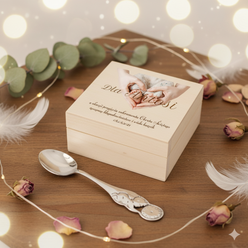 SREBRNA łyżeczka w drewnianym pudełeczku - pamiątka & prezent