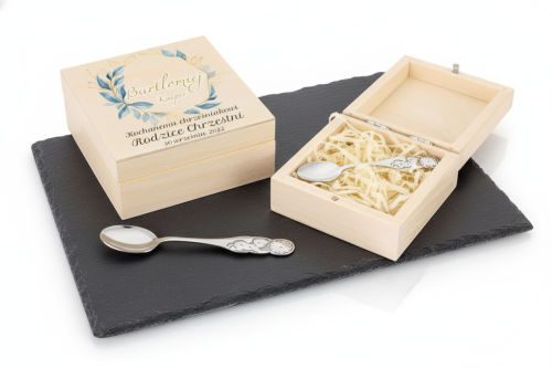 SREBRNA łyżeczka w drewnianym pudełeczku - pamiątka & prezent