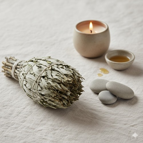 Biała Szałwia – naturalne kadzidło w pęczku w przykładowej aranżacji