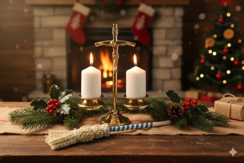 Komplet kolędowy Papieski – metalowy, złoty w aranżacji