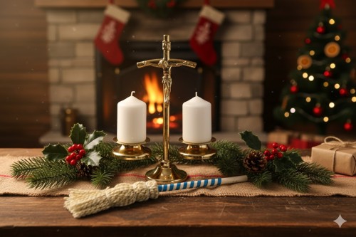 Komplet kolędowy Papieski – metalowy, złoty w aranżacji świątecznej