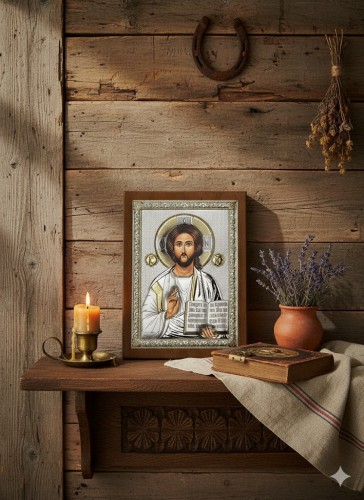 Obrazek srebrny IKONA Jezus Chrystus  w aranżacji domowej