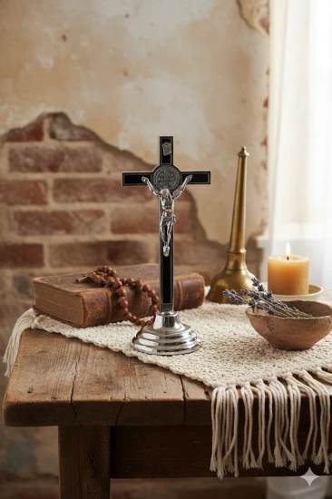 Krzyż Benedyktyński stojący czarny 19 cm – symbol ochrony domu w aranżacji