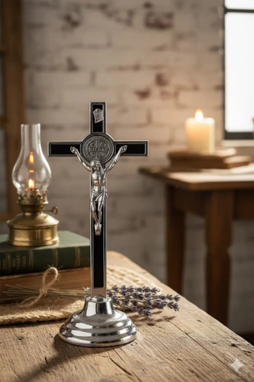 Krzyż Benedyktyński stojący czarny 19 cm – aranżacja domowa