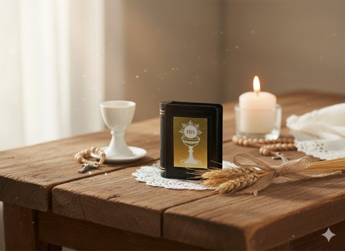 Pudełko na różaniec w formie książeczki – czarne w aranżacji IHS