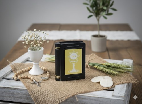 Pudełko na różaniec w formie książeczki – czarne  w aranżacji