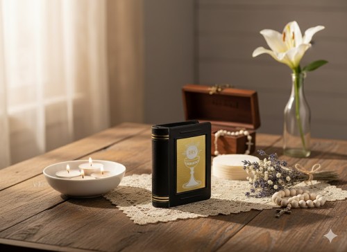 Pudełko na różaniec w formie książeczki – czarne w aranżacji komunijnej