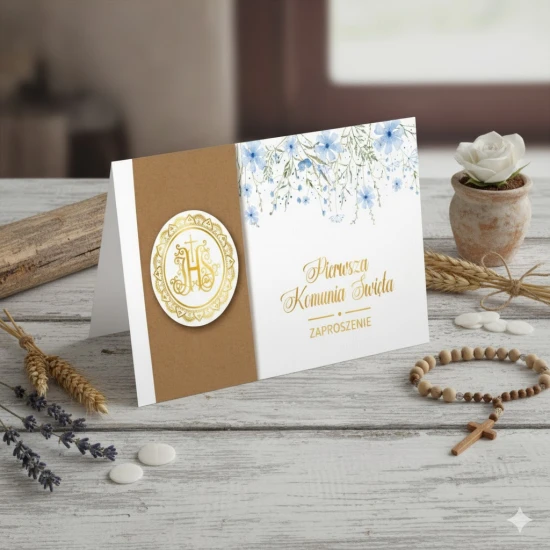 Zaproszenia na Komunię Świętą NIEZAPOMINAJKA – elegancki komplet 4 sztuki