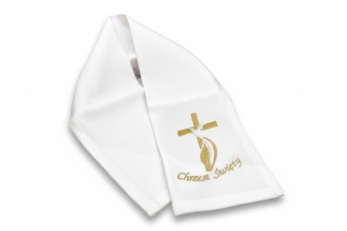 Szal z haftem KRZYŻ NOWOCZESNY – satynowa szatka do chrztu